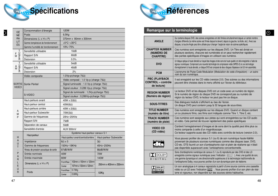 Samsung HTDL105RH/EDC, HTDL105RH/ELS manual Spé cifications, Remarque sur la terminologie 