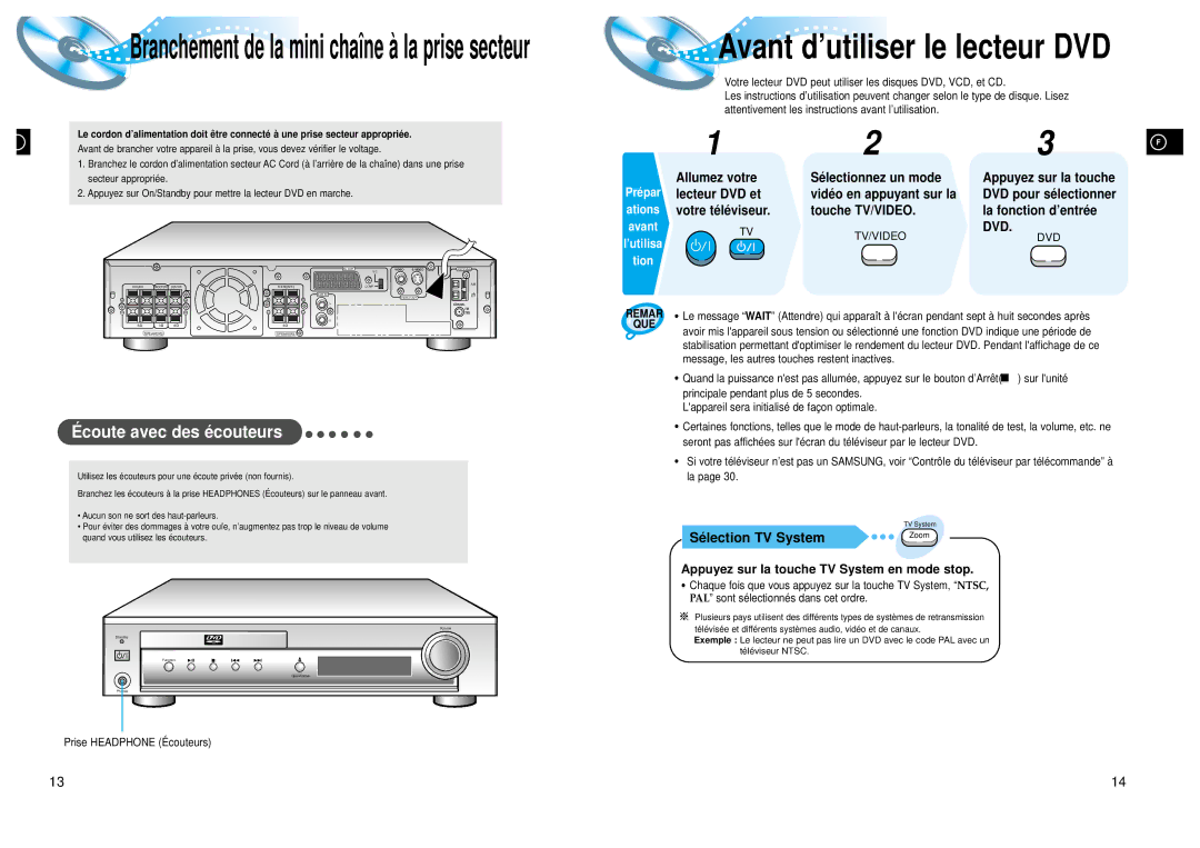 Samsung HTDL105RH/ELS, HTDL105RH/EDC manual Branchement de la mini chaîne à la prise secteur, Sé lection TV System 