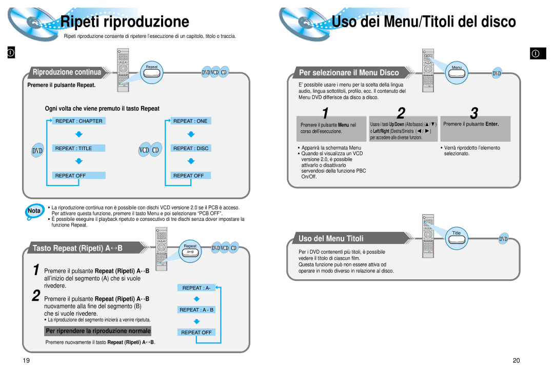 Samsung HTDL200 manual Ripeti riproduzione, Tasto Repeat Ripeti a ↔ B, Per selezionare il Menu Disco, Uso del Menu Titoli 