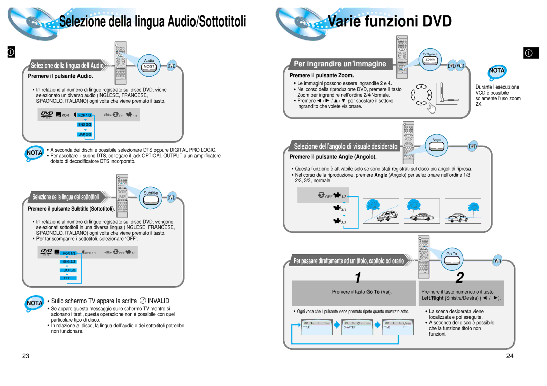 Samsung HTDL200 manual Varie funzioni DVD, Per ingrandire unimmagine, Premere il pulsante Audio, Premere il pulsante Zoom 