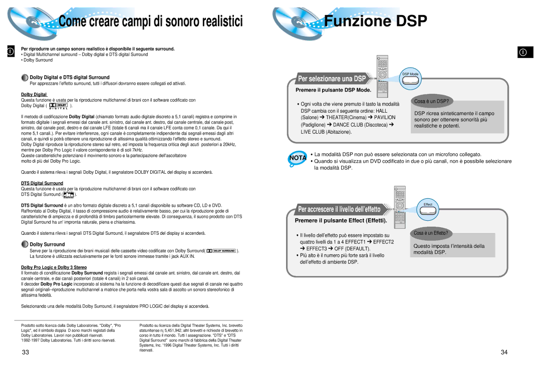 Samsung HTDL200RH/EDC manual Funzione DSP, Premere il pulsante Effect Effetti, Premere il pulsante DSP Mode 