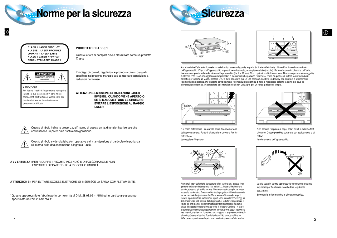 Samsung HTDL200RH/EDC manual Sicurezza, Attenzione 