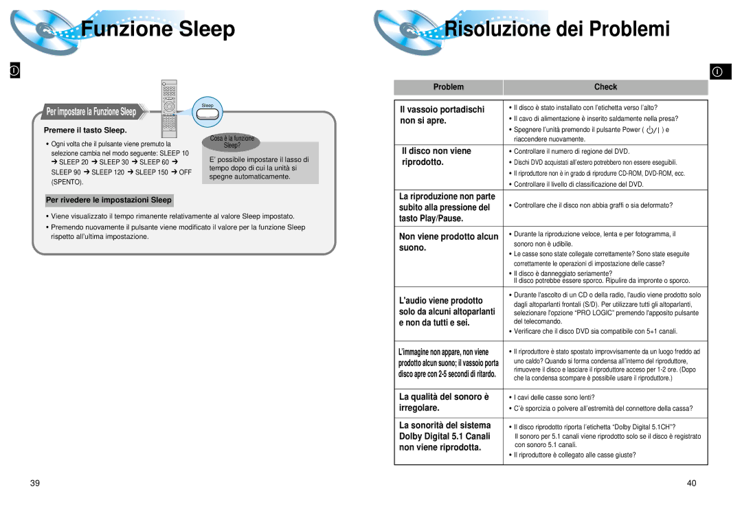 Samsung HTDL200RH/EDC manual Funzione Sleep 