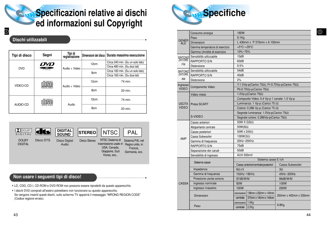 Samsung HTDL200 manual Specifiche, Dischi utilizzabili, Non usare i seguenti tipi di disco, Tipi di disco Segni, Disco DTS 