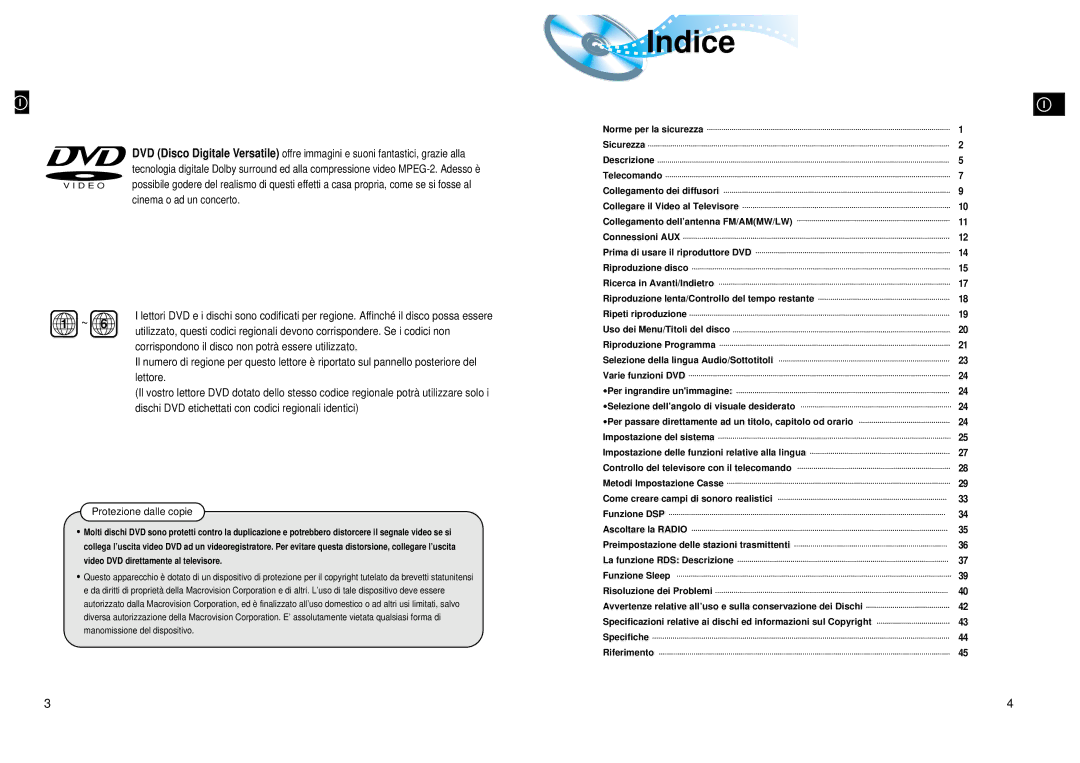 Samsung HTDL200RH/EDC manual Indice, Protezione dalle copie 