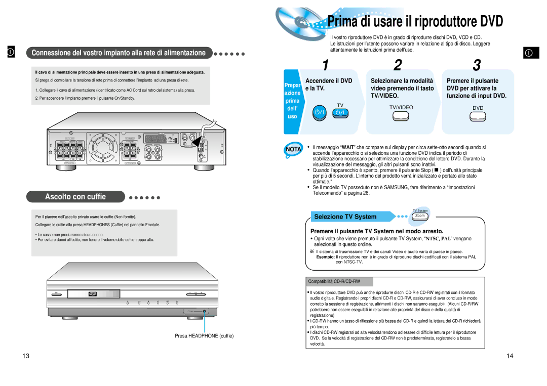 Samsung HTDL200RH/EDC manual Ascolto con cuffie, Funzione di input DVD, Premere il pulsante TV System nel modo arresto 