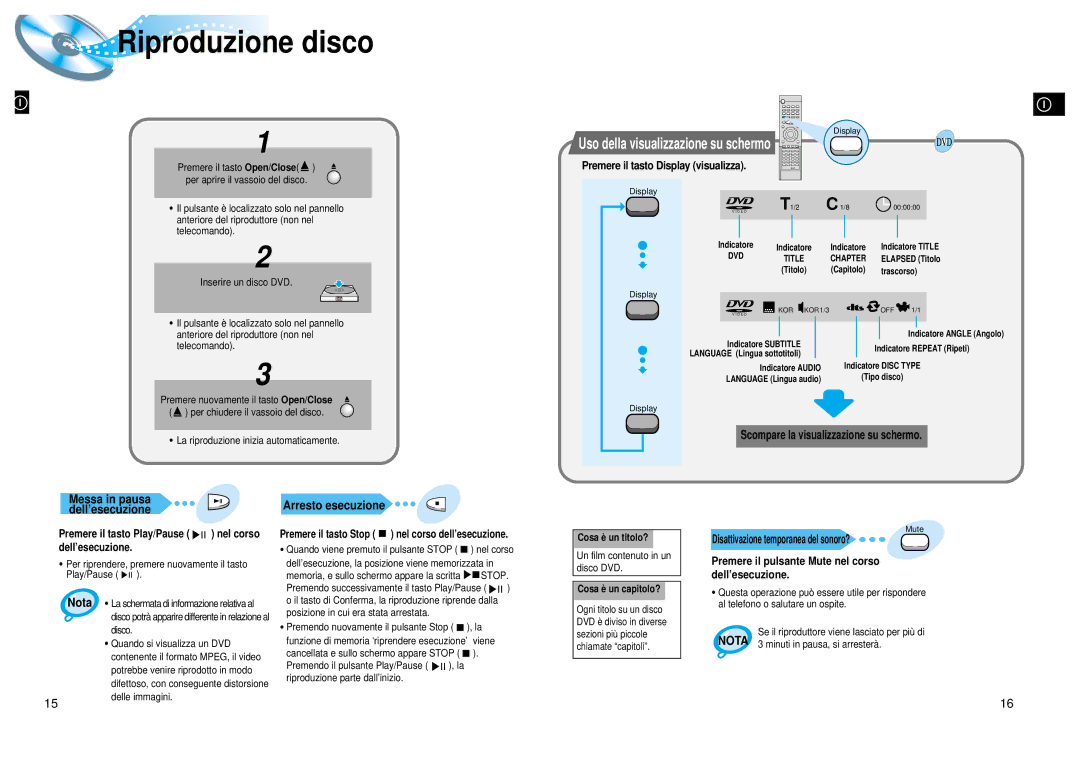 Samsung HTDL200RH/EDC manual Riproduzione disco, Messa in pausa, Dell’esecuzione, Premere il tasto Display visualizza 