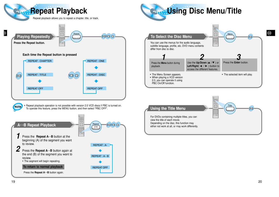 Samsung HTDL205RH/ELS manual Repeat Playback, Using Disc Menu/Title 