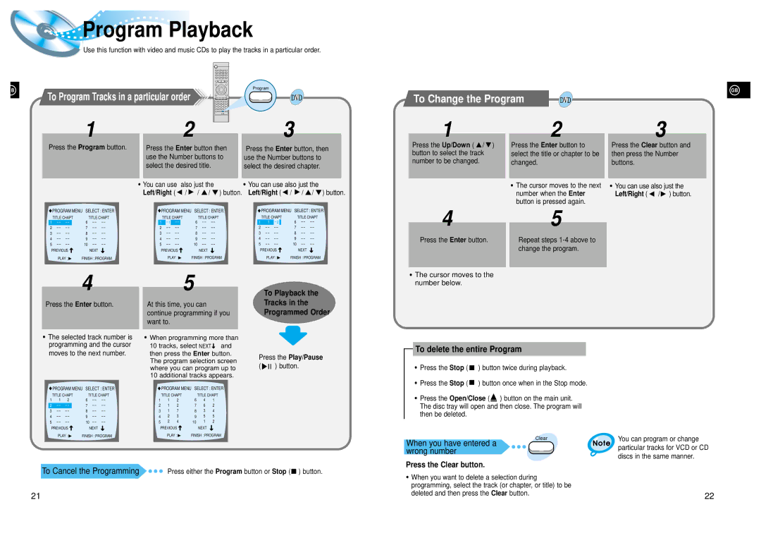 Samsung HTDL205RH/ELS manual Program Playback, To Change the Program, To delete the entire Program, Press the Clear button 