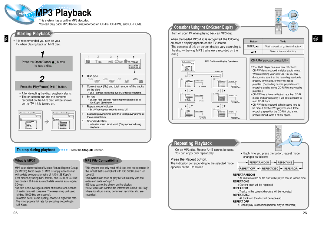 Samsung HTDL205RH/ELS manual MP3 Playback, Starting Playback, Repeating Playback, To stop during playback 