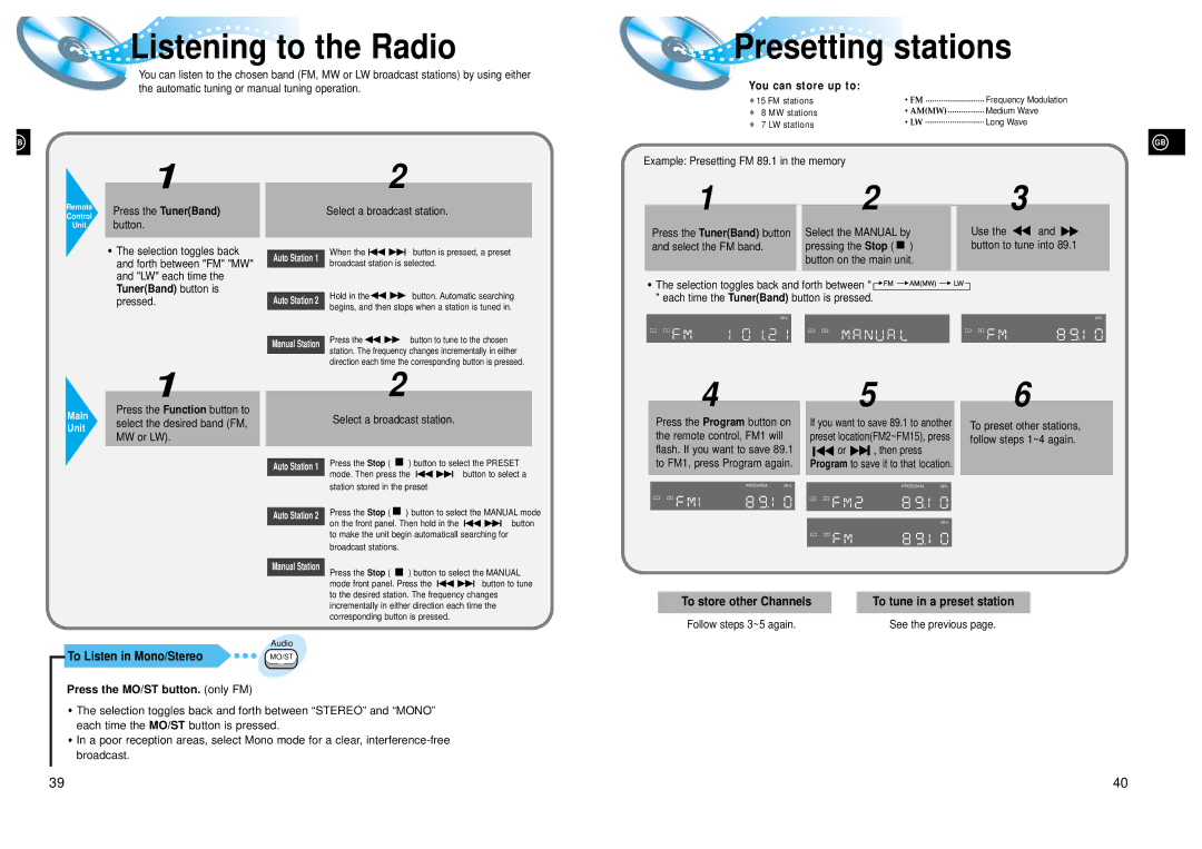 Samsung HTDL205RH/ELS Listening to the Radio, Presetting stations, To store other Channels To tune in a preset station 