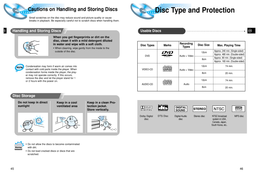 Samsung HTDL205RH/ELS manual Usable Discs, Do not keep in direct, Disc Size, Disc Types Marks Recording, Max. Playing Time 