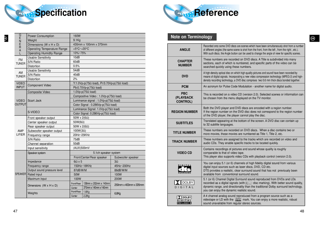 Samsung HTDL205RH/ELS manual Specification 