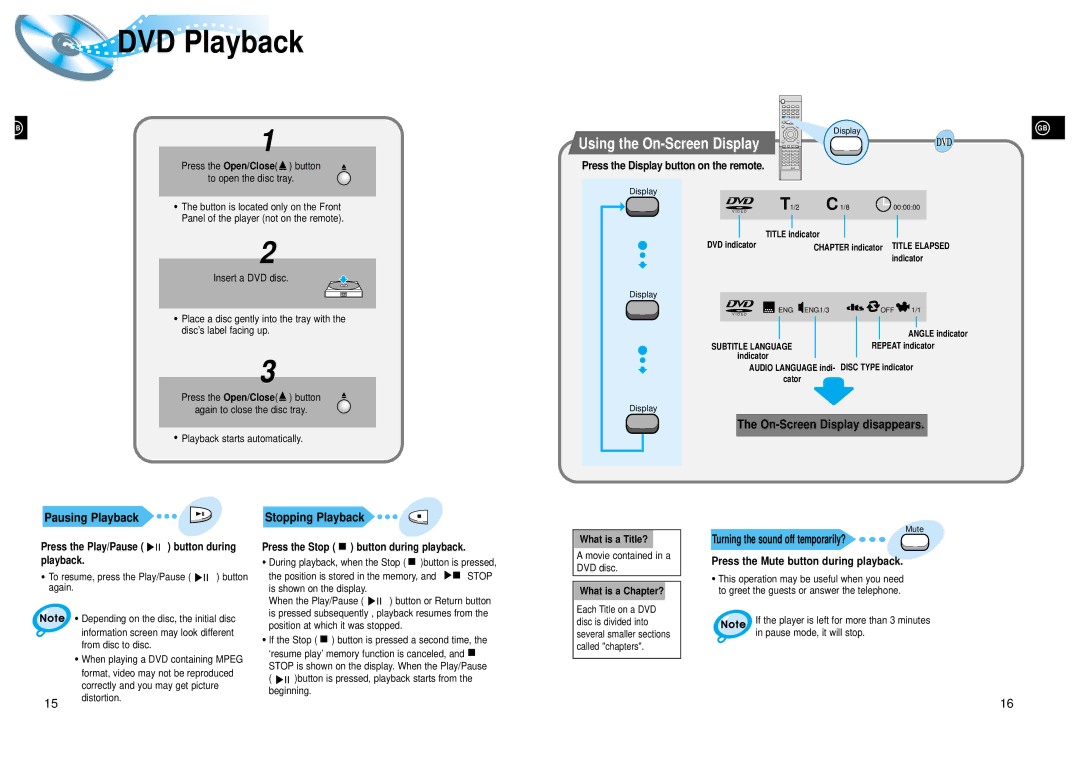 Samsung HTDL205RH/ELS manual DVD Playback, Using the On-Screen Display, Pausing Playback, On-Screen Display disappears 