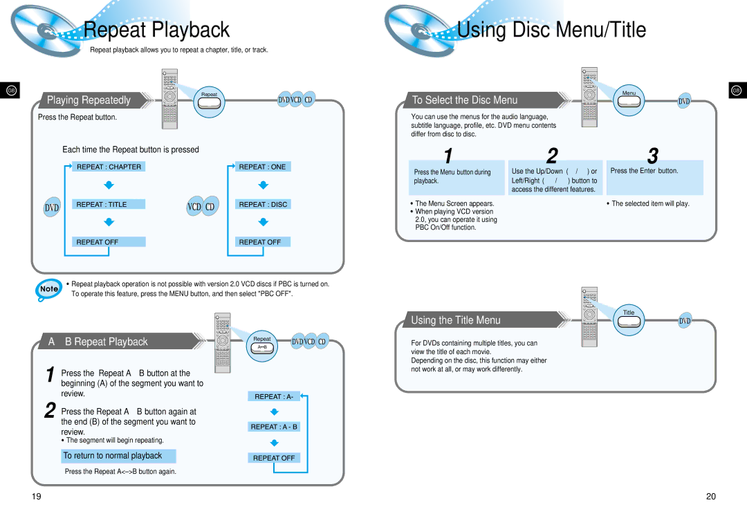 Samsung HTDL70DRH/EDC manual Using Disc Menu/Title, Playing Repeatedly, To Select the Disc Menu, ↔ B Repeat Playback 