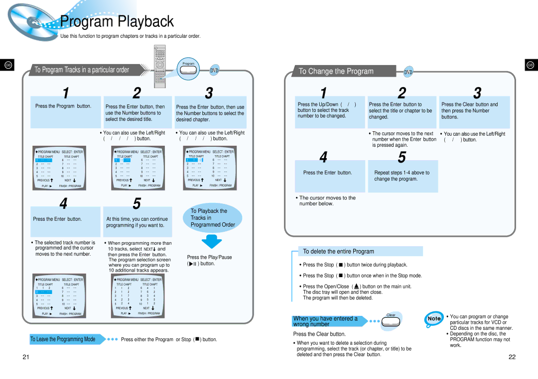 Samsung HTDL70DRH/EDC manual Program Playback, To Change the Program, To delete the entire Program, Press the Clear button 