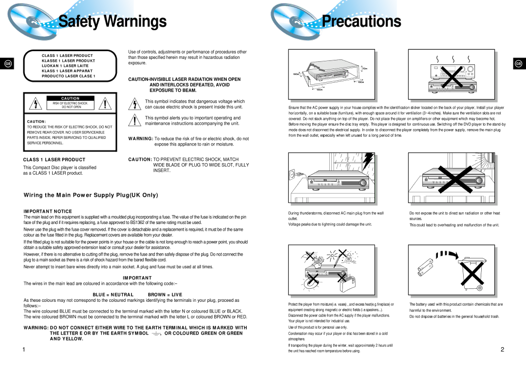 Samsung HTDL70DRH/EDC, HTDL70DRH/ELS manual Safety Warnings Precautions 