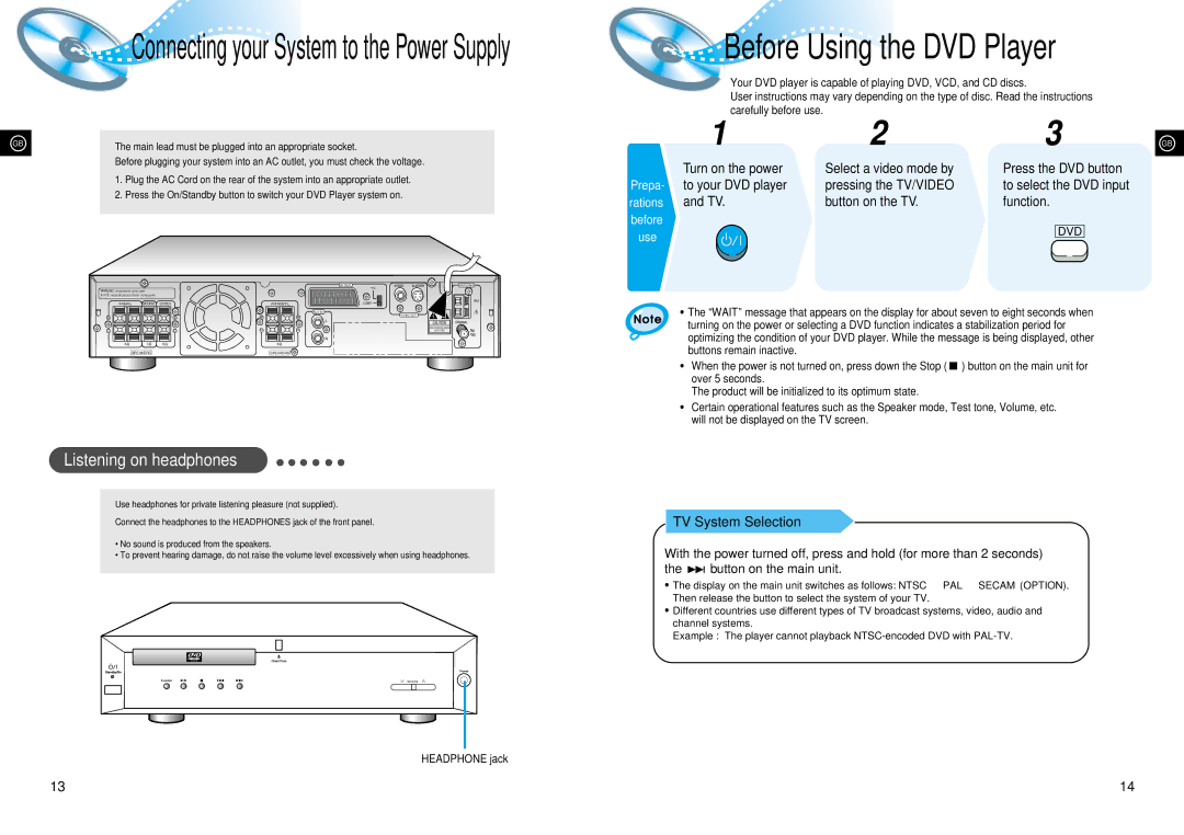 Samsung HTDL70D manual Listening on headphones, Press the DVD button to select the DVD input function, TV System Selection 