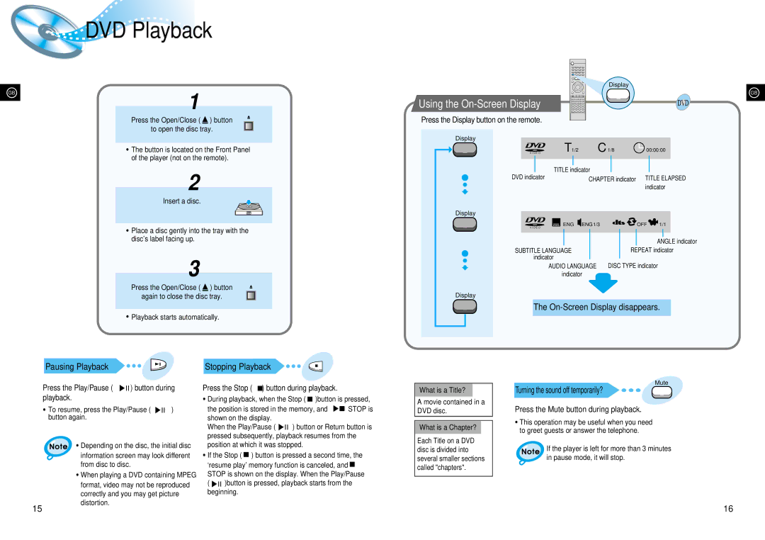 Samsung HTDL70DRH/EDC manual DVD Playback, Using the On-Screen Display, Pausing Playback, On-Screen Display disappears 