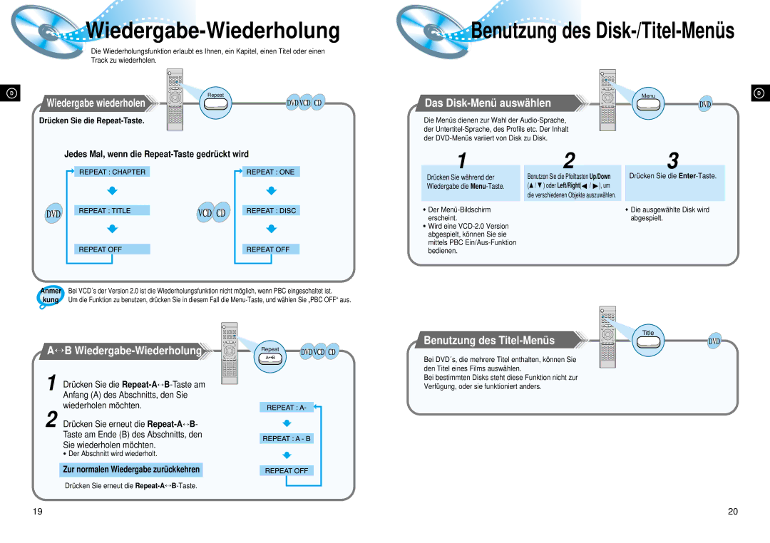 Samsung HTDL70DRH/ELS, HTDL70DRH/EDC manual Wiedergabe-Wiederholung, Wiedergabe wiederholen, Das Disk-Menü auswä hlen 