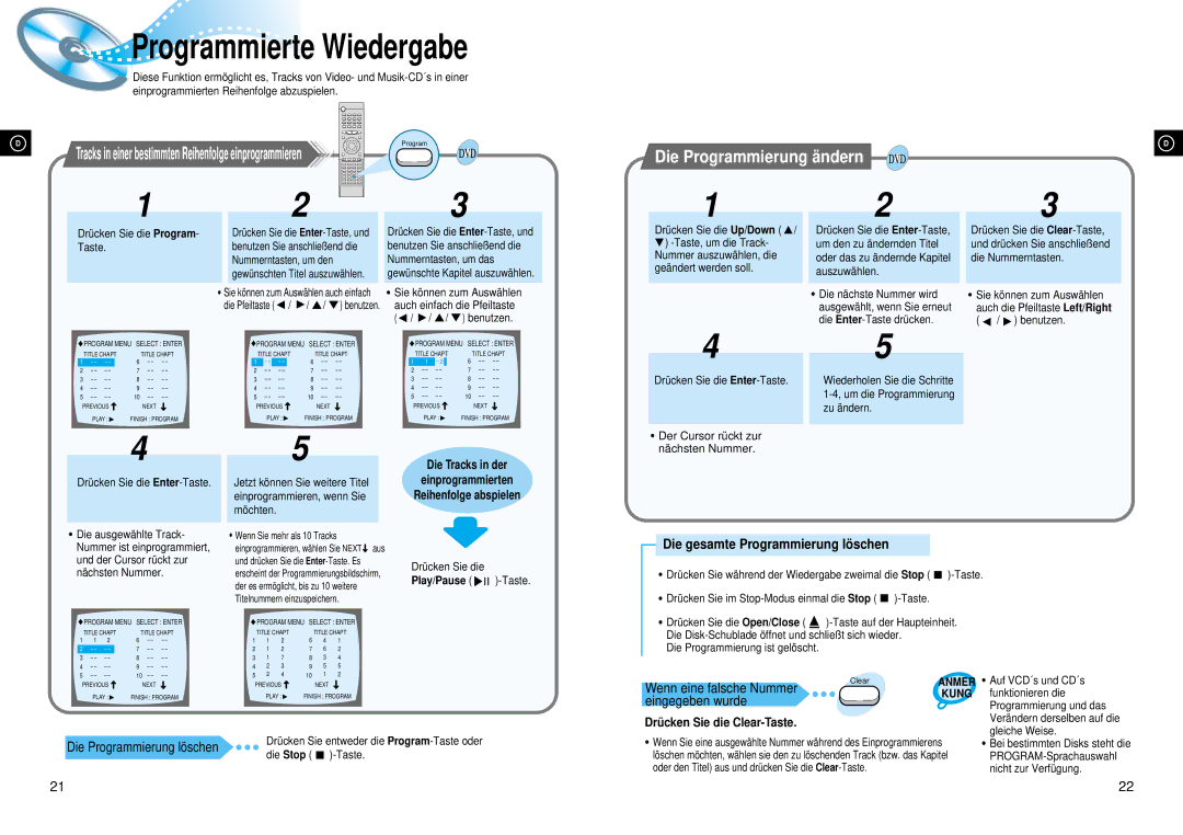 Samsung HTDL70DRH/EDC manual Programmierte Wiedergabe, Die gesamte Programmierung lö schen, Drü cken Sie die Clear-Taste 