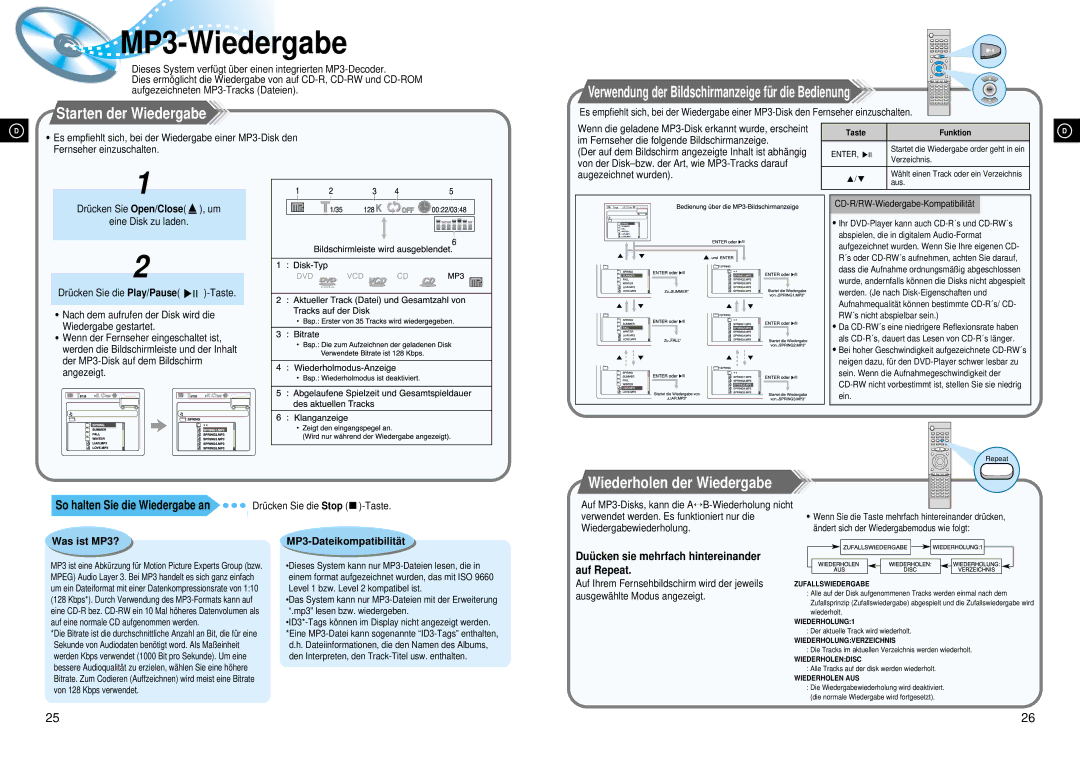 Samsung HTDL70DRH/EDC, HTDL70DRH/ELS manual MP3-Wiedergabe, Wiederholen der Wiedergabe, So halten Sie die Wiedergabe an 