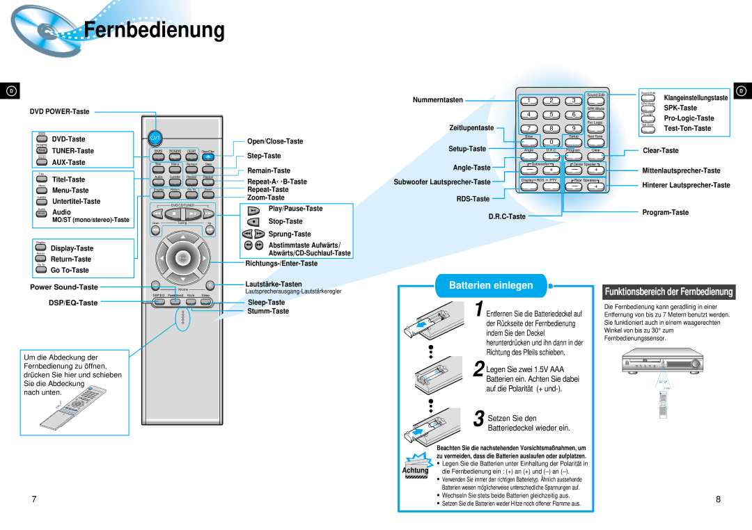 Samsung HTDL70DRH/ELS, HTDL70DRH/EDC manual Fernbedienung 