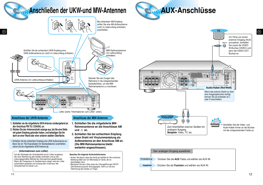 Samsung HTDL70DRH/ELS, HTDL70DRH/EDC manual AUX-Anschlü sse, Anschluss der UKW-Antenne, Und an, Anschluss der MW-Antenne 