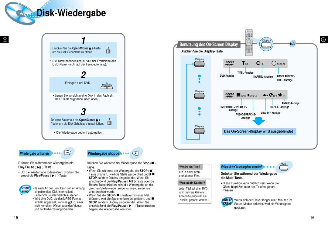 Samsung HTDL70DRH/ELS, HTDL70DRH/EDC manual Disk-Wiedergabe, Benutzung des On-Screen Display, Wiedergabe anhalten 