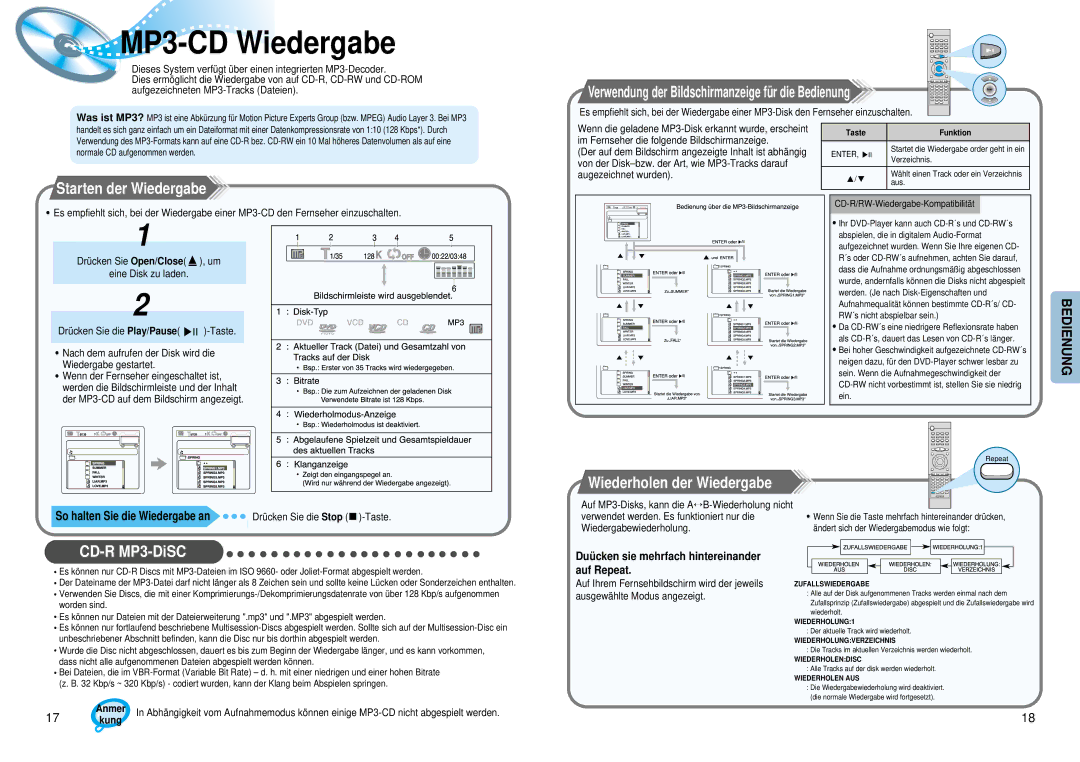 Samsung HTDM150RH/EDC manual MP3-CDWiedergabe, Verwendung der Bildschirmanzeige fü r die Bedienung, Starten der Wiedergabe 