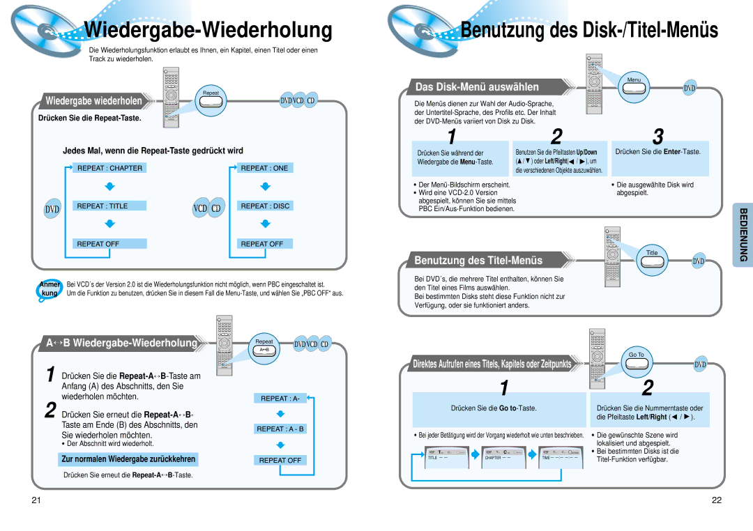 Samsung HTDM150RH/EDC manual Wiedergabe-Wiederholung, Wiedergabe wiederholen, Das Disk-Menü auswä hlen 