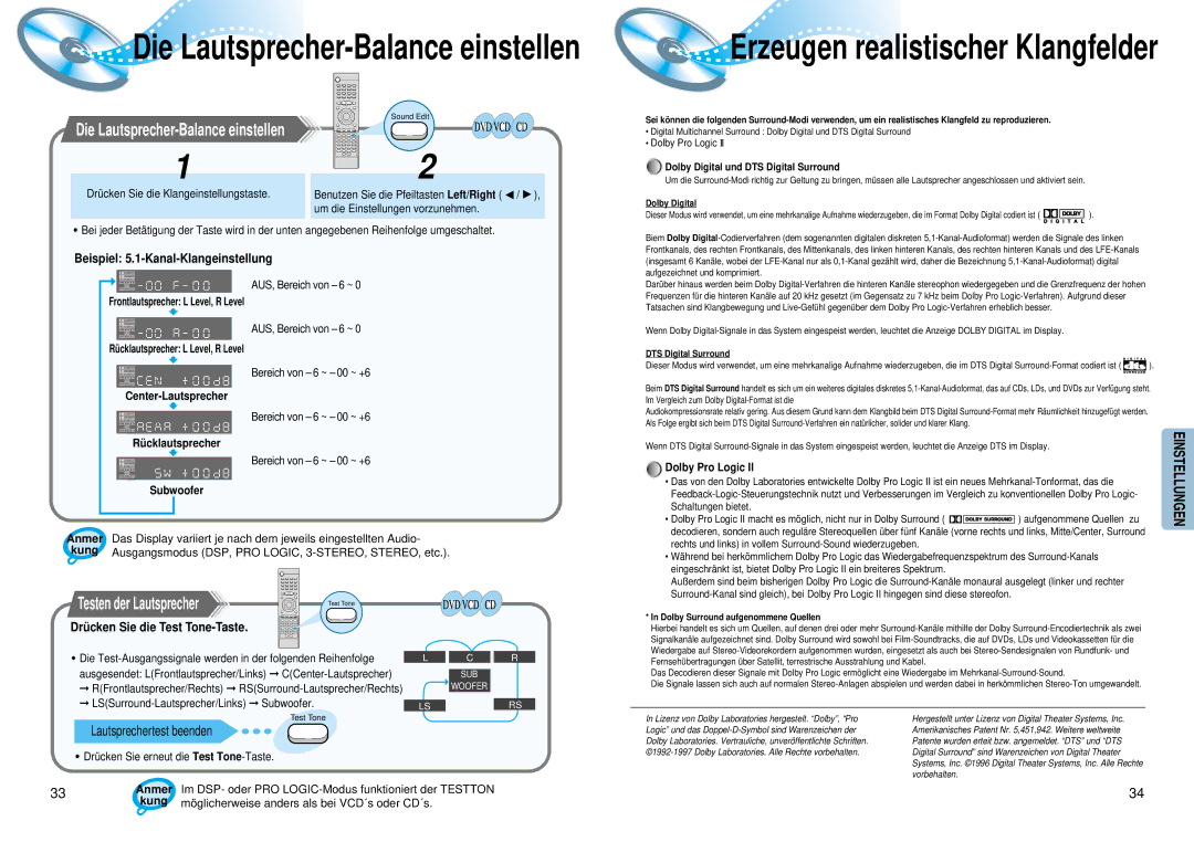 Samsung HTDM150RH/EDC manual Beispiel 5.1-Kanal-Klangeinstellung, Anmer, Kung, Dolby Pro Logic 