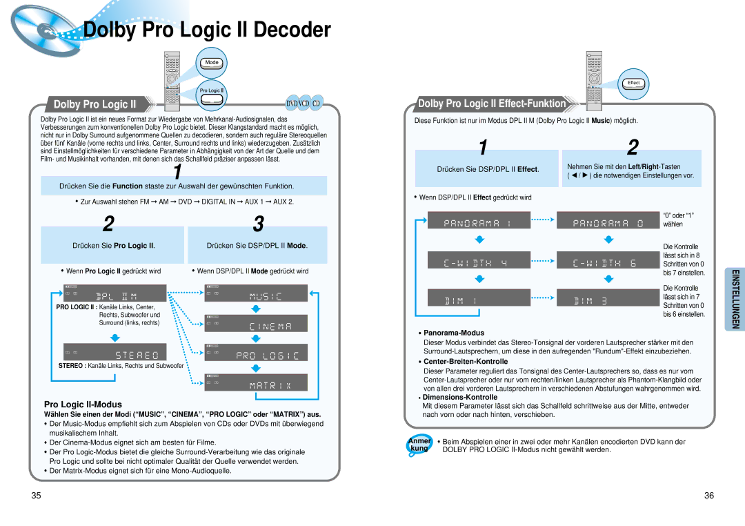 Samsung HTDM150RH/EDC manual Dolby Pro Logic II Effect-Funktion, Pro Logic II-Modus 