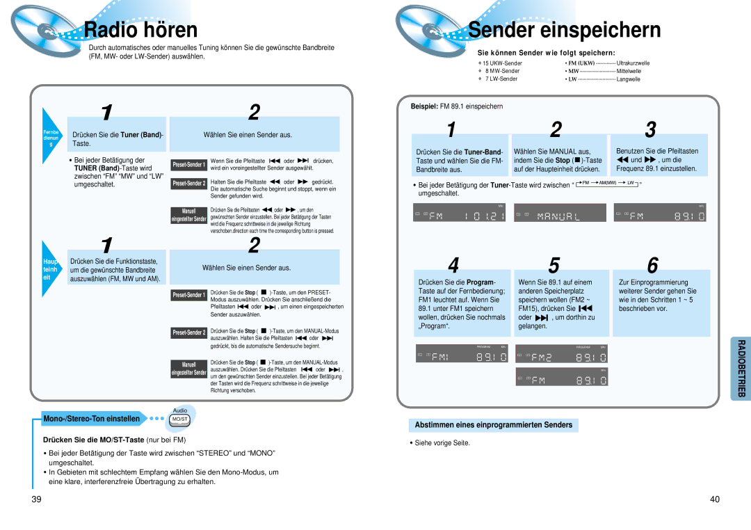 Samsung HTDM150RH/EDC manual Radio hö ren, Sender einspeichern, Mono-/Stereo-Ton einstellen 