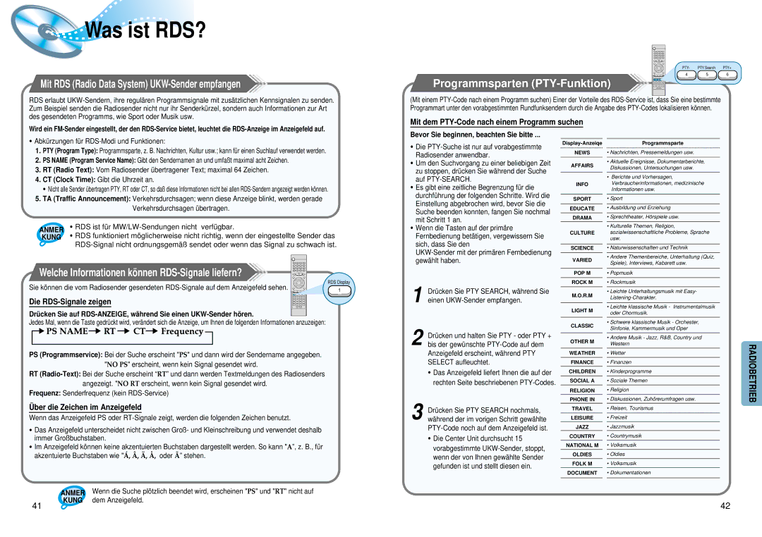 Samsung HTDM150RH/EDC manual Was ist RDS?, Mit RDS Radio Data System UKW-Sender empfangen, Programmsparten PTY-Funktion 