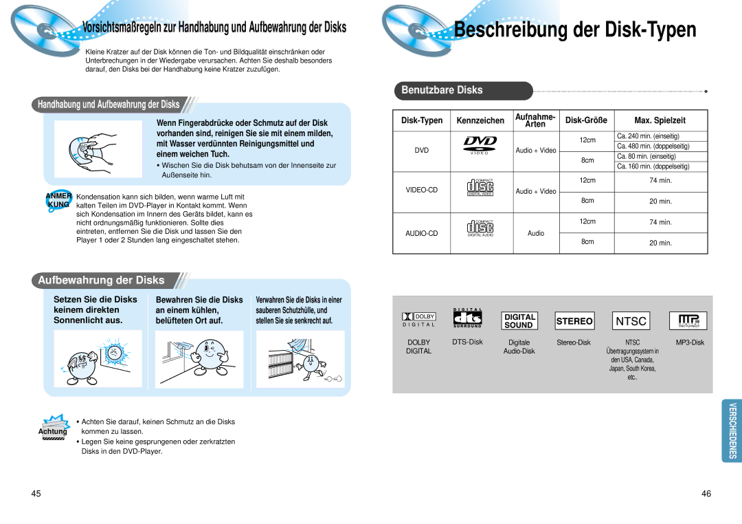 Samsung HTDM150RH/EDC manual Handhabung und Aufbewahrung der Disks, Benutzbare Disks, Disk-Größ e, Setzen Sie die Disks 