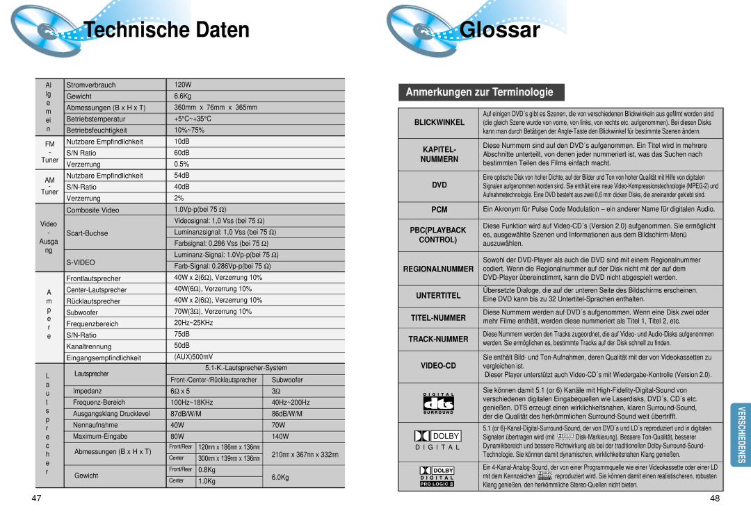 Samsung HTDM150RH/EDC manual Technische Daten, Glossar, Anmerkungen zur Terminologie 