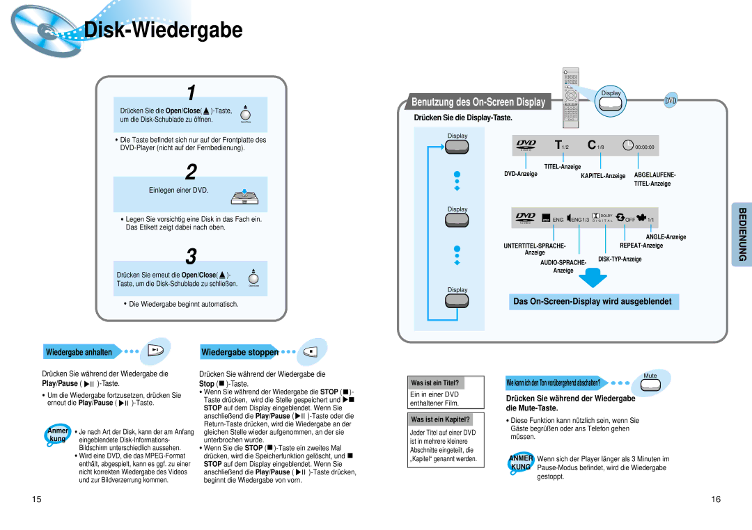 Samsung HTDM150RH/EDC manual Disk-Wiedergabe, Benutzung des On-Screen Display, Wiedergabe anhalten 