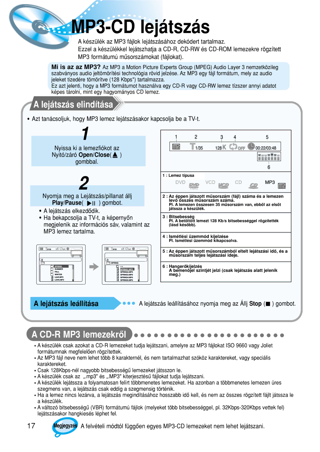 Samsung HTDM150RH/EDC manual MP3-CDlejátszás, Lejátszás elindítása, CD-R MP3 lemezekrôl 