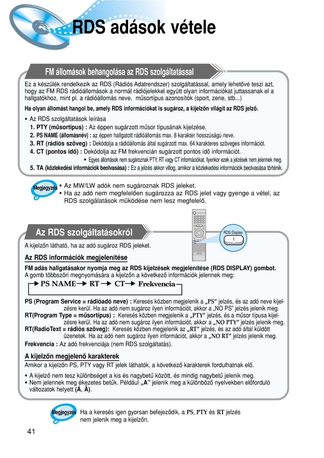 Samsung HTDM150RH/EDC manual RDS adások vétele, FM állomások behangolása az RDS szolgáltatással, Az RDS szolgáltatásokról 