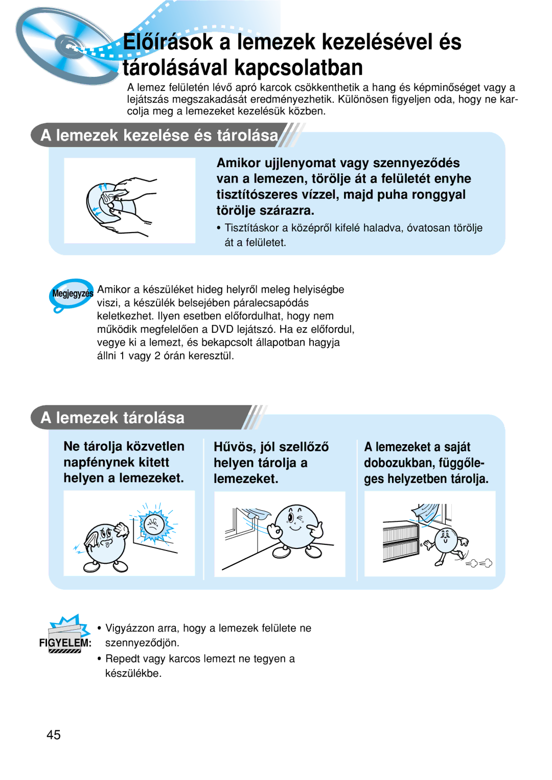 Samsung HTDM150RH/EDC manual Lemezek kezelése és tárolása, Lemezek tárolása 