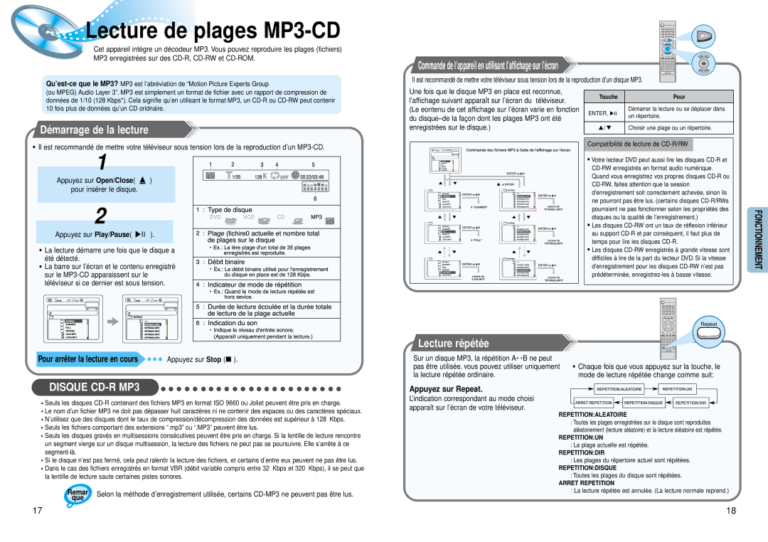 Samsung HTDM150RH/ELS manual Démarrage de la lecture, Lecture répétée, Pour arrêter la lecture en cours, Appuyez sur Repeat 