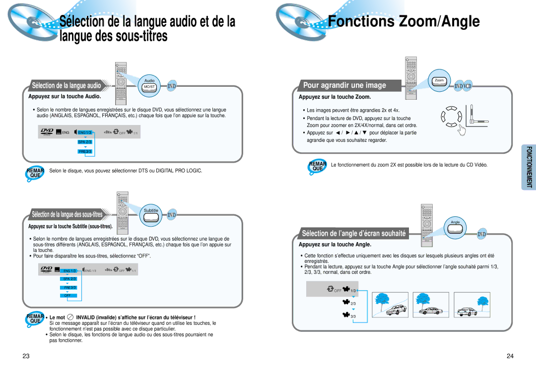 Samsung HTDM150RH/EDC, HTDM150RH/ELS manual Fonctions Zoom/Angle, Sélection de la langue audio, Pour agrandir une image 