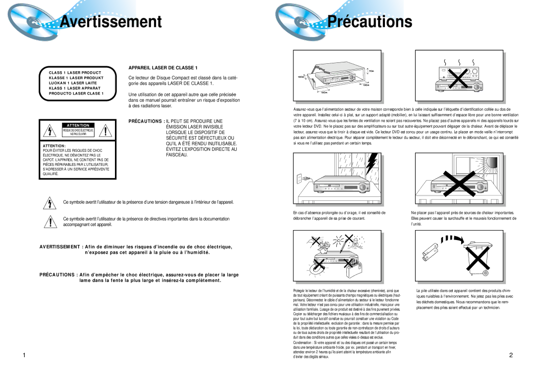 Samsung HTDM150RH/ELS, HTDM150RH/EDC manual Avertissement Précautions 