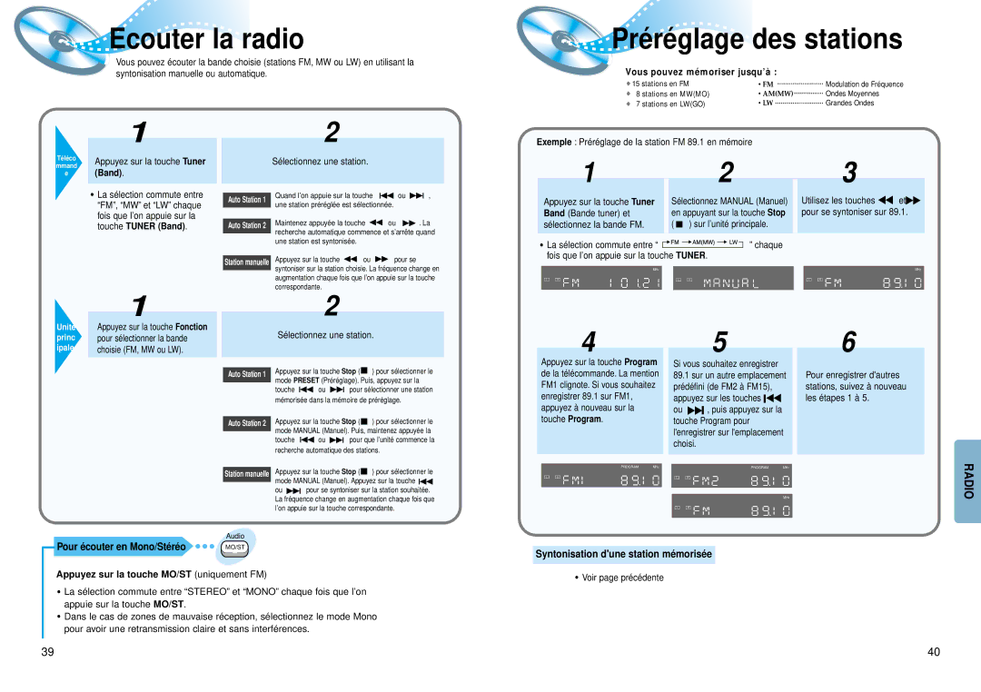 Samsung HTDM150RH/EDC manual Ecouter la radio, Pour écouter en Mono/Stéréo, Syntonisation dune station mé morisé e, Band 