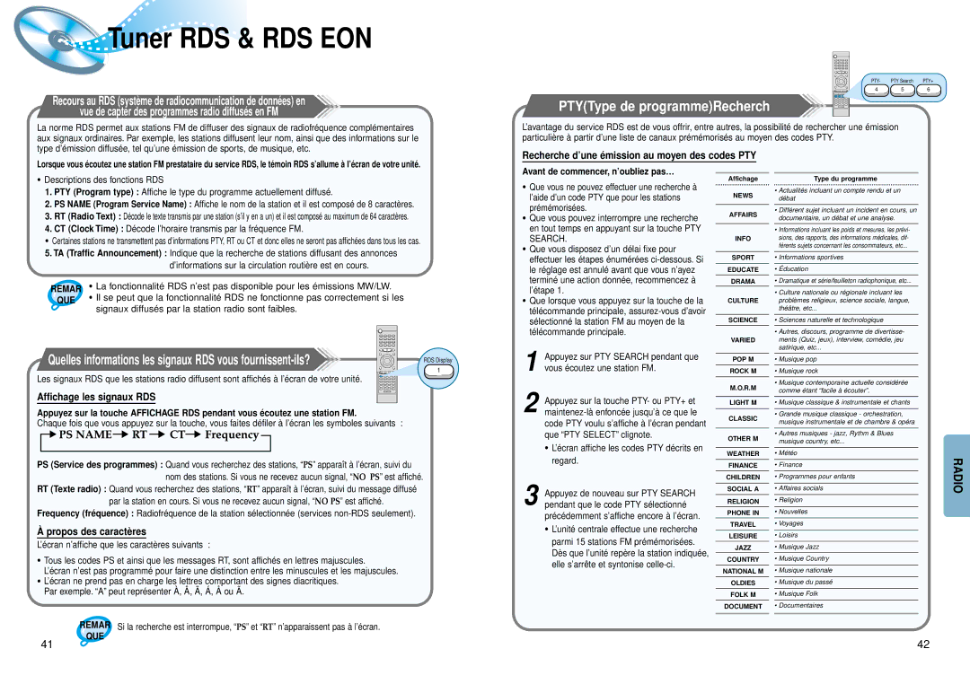 Samsung HTDM150RH/ELS Tuner RDS & RDS EON, PTYType de programmeRecherch, Recherche d’une é mission au moyen des codes PTY 