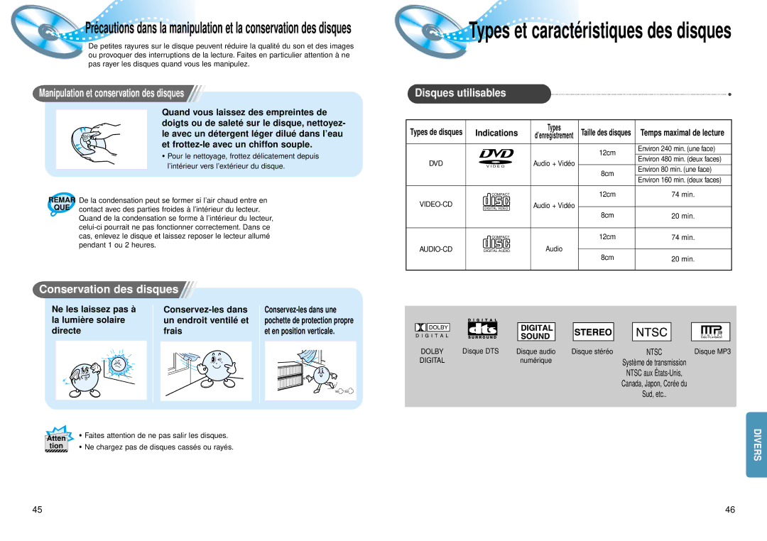 Samsung HTDM150RH/ELS Manipulation et conservation des disques, Disques utilisables, Conservation des disques, Indications 