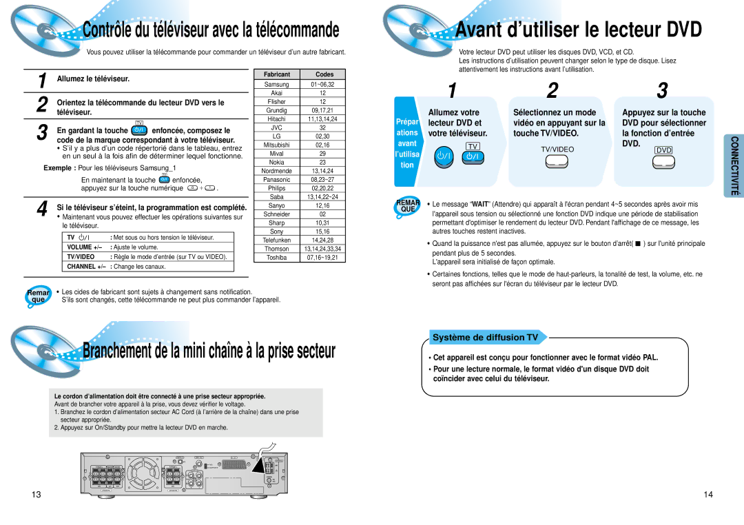 Samsung HTDM150RH/ELS, HTDM150RH/EDC Systè me de diffusion TV, Té lé viseur En gardant la touche Enfoncé e, composez le 