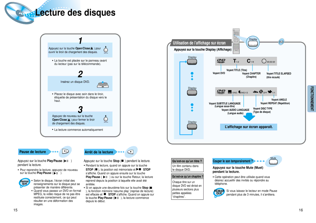 Samsung HTDM150RH/EDC, HTDM150RH/ELS manual Lecture des disques, Utilisation de l’affichage sur écran, Pause de lecture 