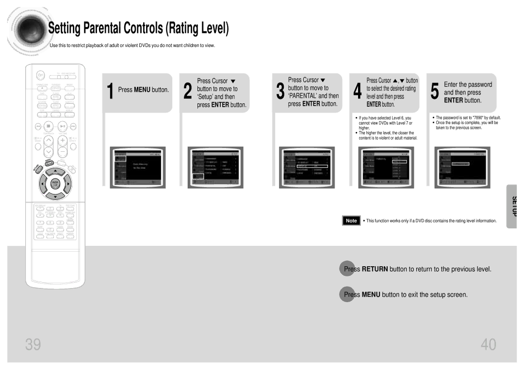 Samsung HTDM155RH/ELS, HTDM155RH/EDC Setting Parental Controls Rating Level, Enter the password Then press Enter button 